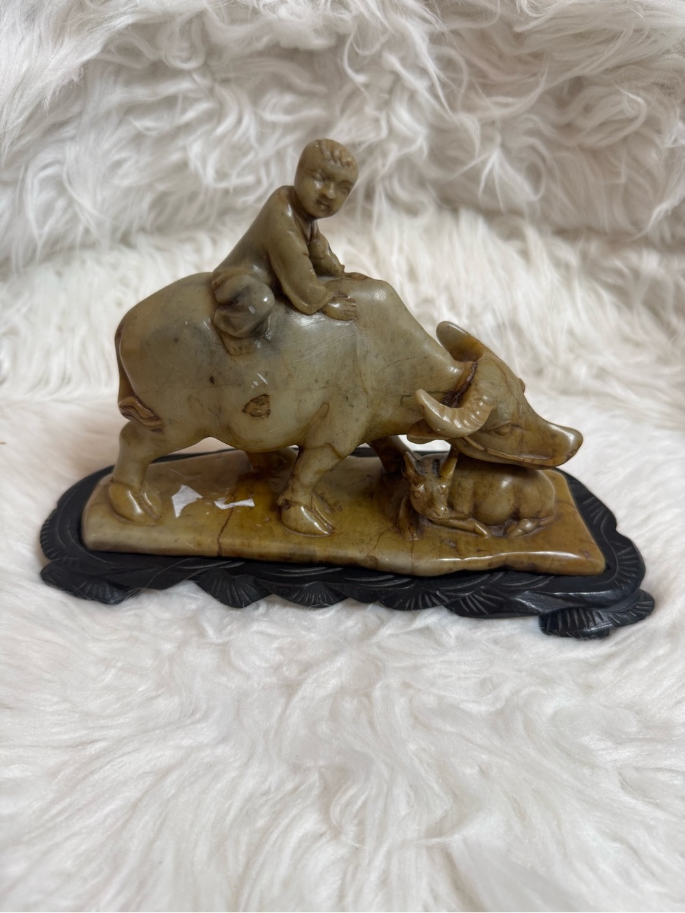 Antique Qing Dynasty Soapstone Sculpture: Boy Riding Water Buffalo